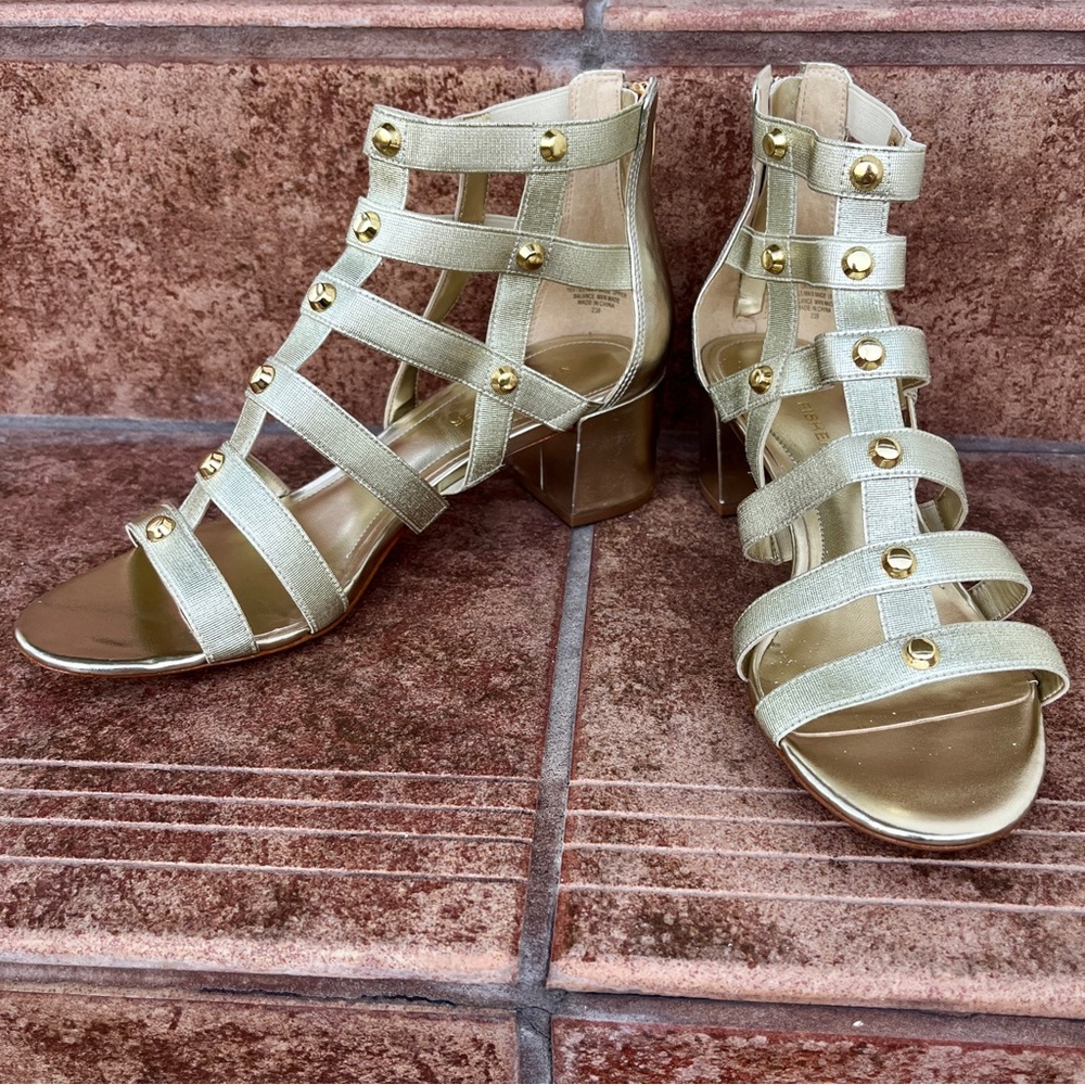 Marc Fisher Gold Gladiator Pump Sandals Size 8 Elastic Strappy Block Heel Zipper